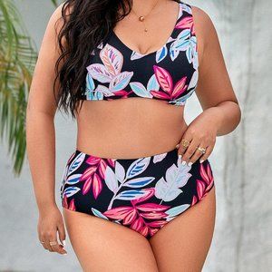 Cupshe Scoop Cut Out Tummy control Bikini top and bottom - Floral/Black, Size XL